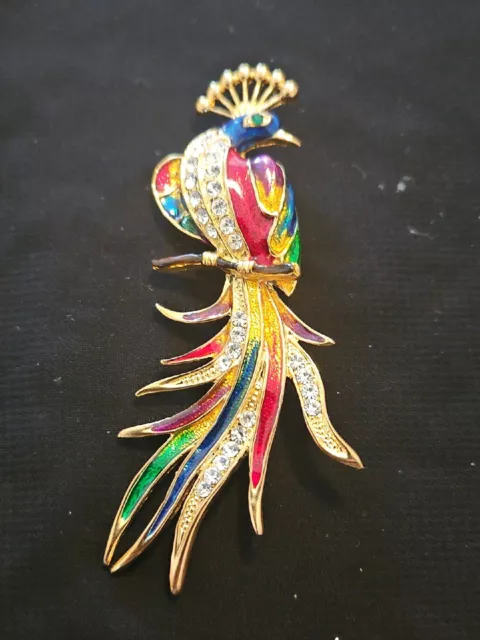 Stunning Bird Of Paradise Peacock Brooch Pin Enamel w/ Rhinestones Gold Tone