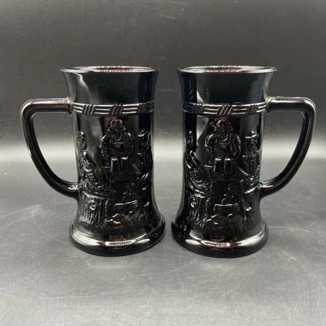 Pair of Indiana Black Glass Tiara Tavern Hunting? 6" Beer Stein Mug Tankard x2