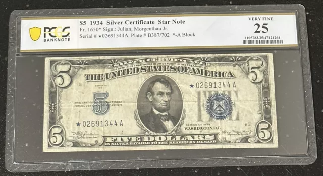 1934 $5 Silver Certificate Star Note Bill Fr. 1650 PCGS VF 25 ⭐️ * Replacement