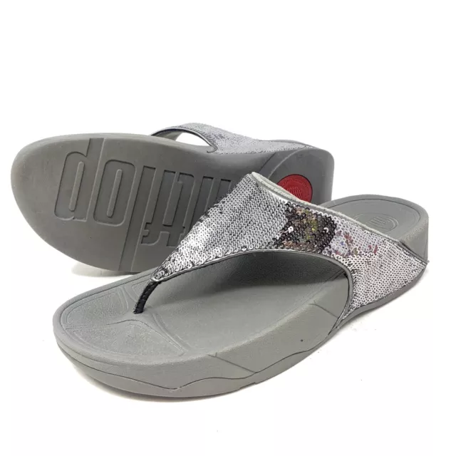 FitFlop Silver Sequin Womens Electra Classic Flip Flop Wedge Sandals Thong 7 M