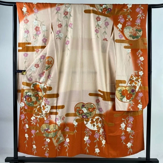 Japanese Kimono Furisode Pure Silk Chrysanthemum Gold Thread Light Pink
