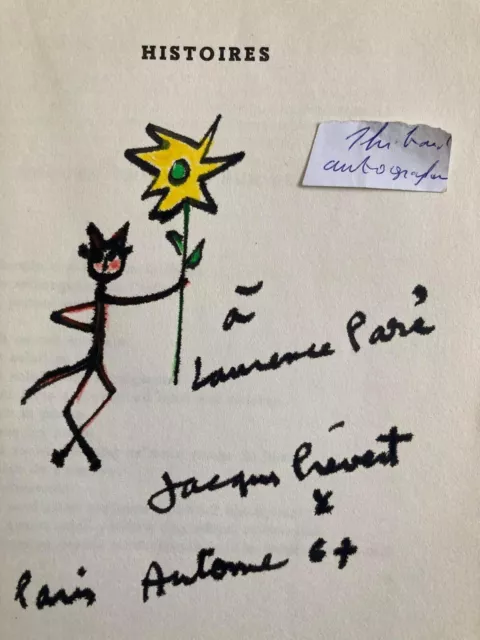 Envoi Autographe Dessin Jacques Prévert Autographe Dédicace Signé Histoires 1963