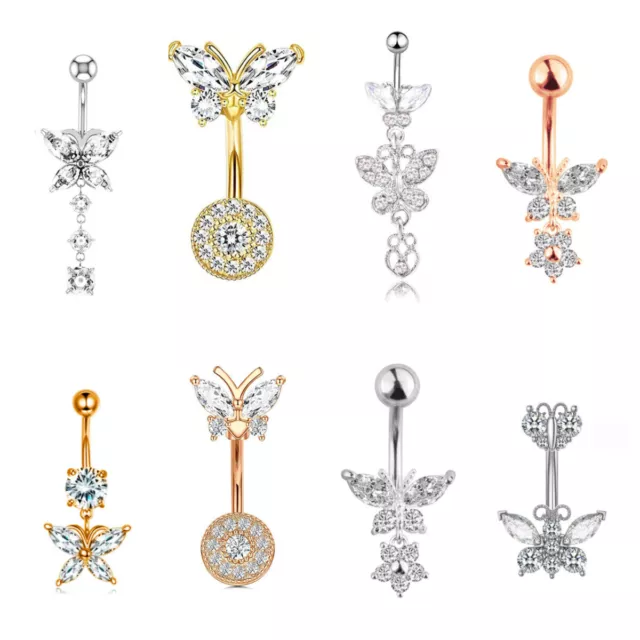 Stainless Crystal Butterfly Belly Button Rings Piercing Bar Navel Body Jewelry