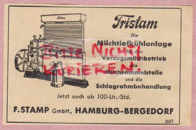 HAMBURG-BERGEDORF, Werbung 1950, F. Stamp GmbH Tristam Milchtiefkühlanlage