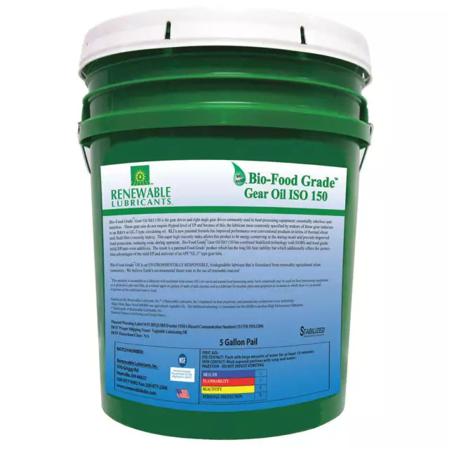 RENEWABLE LUBRICANTS 87244 Gear Oil,Biobased,ISO 150,5 Gal,NSF H1