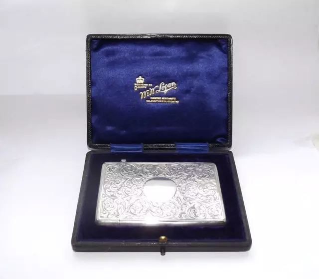 Antique Edwardian Sterling Silver Card Case W/ Leather Case Box, Birmingham 1903