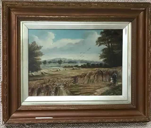 Artist R W Loombe Framed Glaze Antique Oil On Board Walking Among The Hay Bales