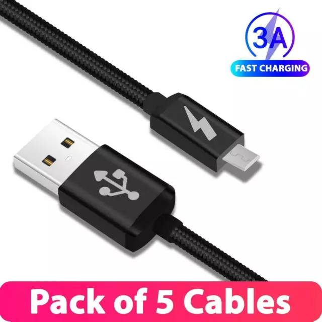 Pack of 5 - Braided USB Micro Quick Fast Charging High Speed Data Charger Cable