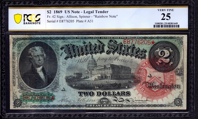 1869 $2 Legal Tender Rainbow Note Fr.42 Allison Spinner Pcgs B Very Fine Vf 25
