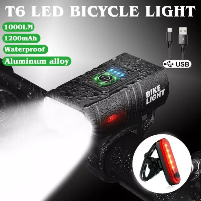 Mountain Bike Lights USB Rechargeable Bicycle T6 LED Torch Front Rear Lamp Set