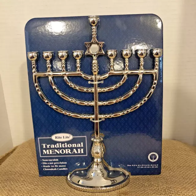 NEW Rite Lite Chanukah Hanukkah Traditional Polished Silver Tone Finish Menorah