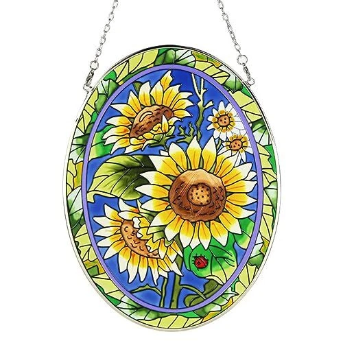 Hand-Painted Glass Panel Sunflower Stained Glass Window Hanging,Fall