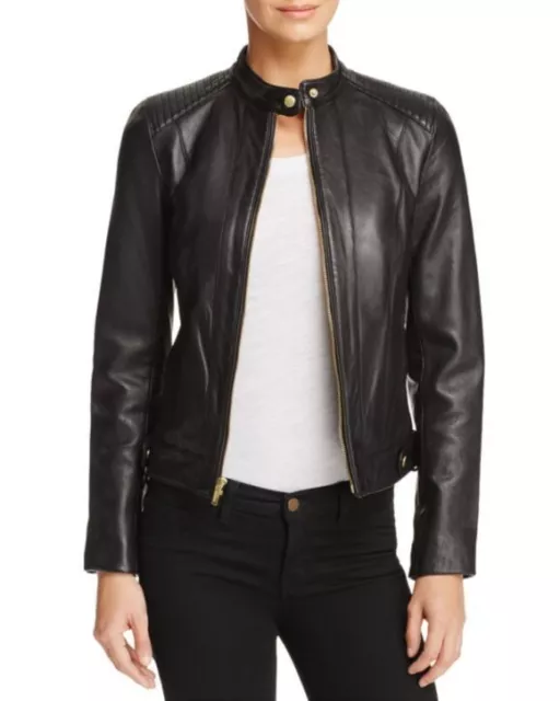 Nwt $495 Cole Haan Black Lambskin Leather Moto Zip Jacket Coat Womens M Md