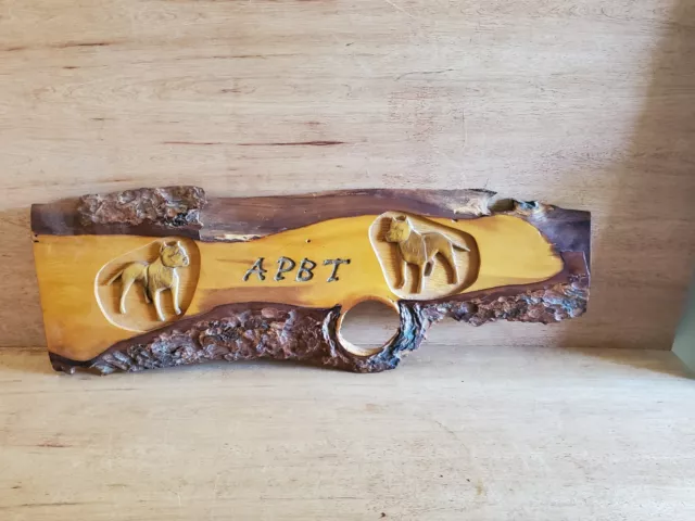 APBT American Pit Bull Terrier Sign Wood Folk Art Signed Wall Hanger Hand Carved