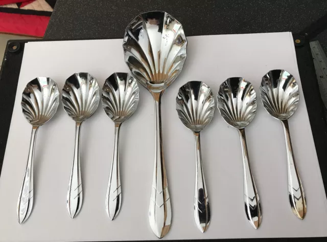 Vtg Boxed Deco Stainless Chrome Plate Sheffield Fluted Bowls Fruit Spoons Set