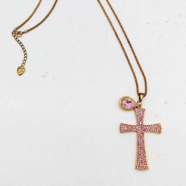 Betsey Johnson Pink Rhinestone Cross Pendant Necklace Y2K Whimsy Goth Adjustable