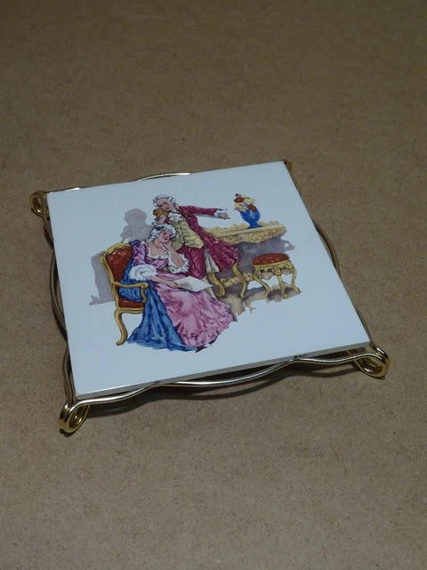 Dessous De Plat Ancien Bois Et Faïence – 22x22 Cm – Motif Floral – Vintage