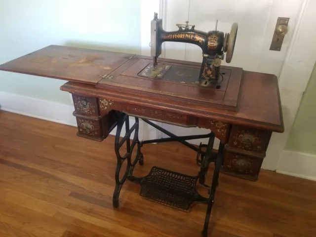 Antique Florance Rotary Treadle Sewing Machine in Original Wood Cabinet. Rare