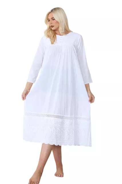 Ladies 100% Cotton Nightdress Designer Victorian 3/4 Sleeve Embroidered Buttons