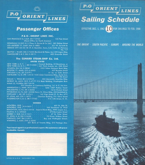P&O ORIENT LINES 1962 Sailing Schedule Cunard SteamShip 15.52 PicClick CA