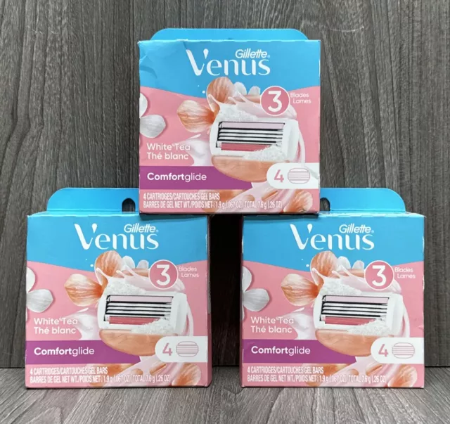 3 Gillette Venus ComfortGlide White Tea Women's Razor Blade Refill 12 Cartridges