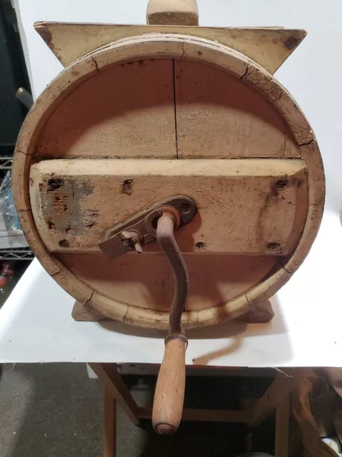 Antique Wooden Barrel Butter Churn -table top crank primitive