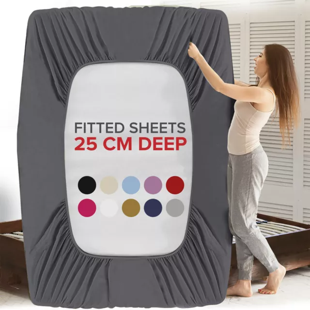 Full Fitted Bed Sheet Extra Deep 25 cm Single Double Super King Size Sheets UK