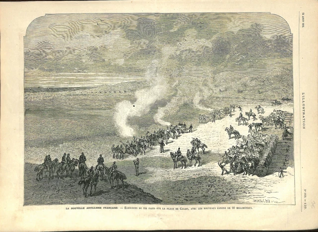 Artillerie de l'armée française exercices de tir plage de Calais GRAVURE 1878