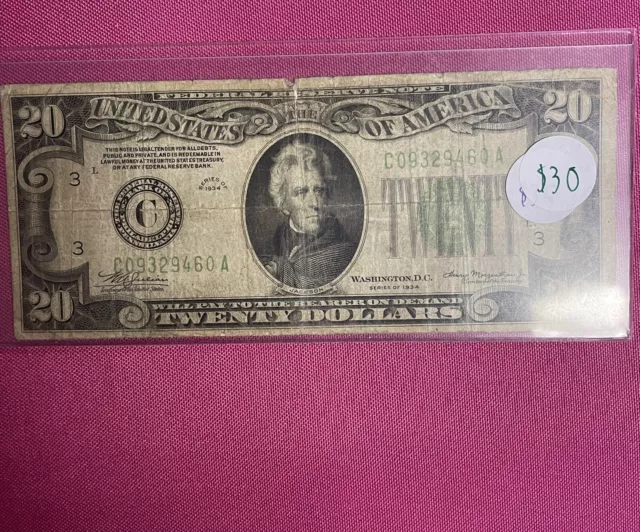 1934 $20 Dollar Bill Federal Reserve Note FRN New York Lime Green Seal 827A-KNM