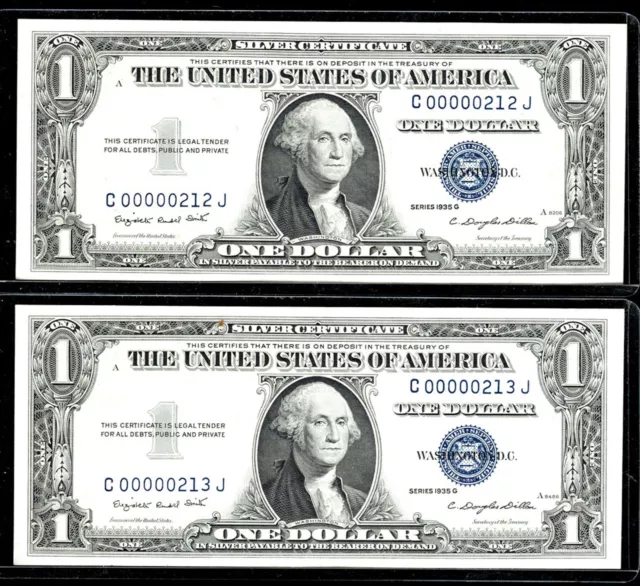 1957, $1 FR-1619 SC 2 Consecutive-Gem Silver Certificate-212TH & 213TH