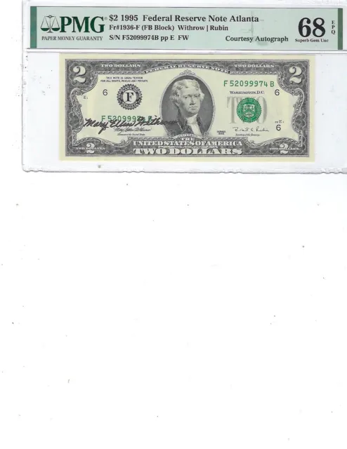 1995 $2 Federal Reserve Note FR1936 PMG 68 Superb Gem EPQ, Atlanta!!!