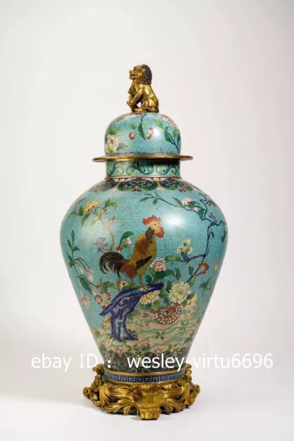 Palace Old Copper Cloisonne Enamel Gold Gilt Lion Flower Bird General tank Vase