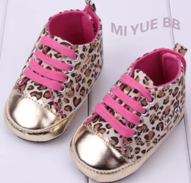 Baby Girl Soft Sole Crib Shoes Infant Gold Leopard Trainers Newborn to 18 Months