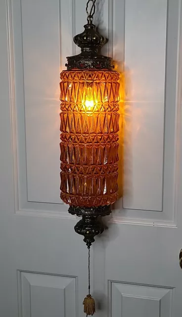 1960s 70s MCM Hollywood Regency Amber VTG Hanging Swag Lamp 6"x 24" Very Nice