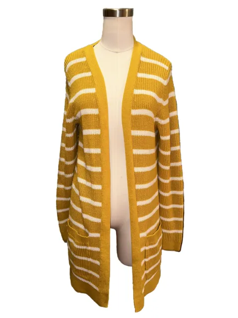 Old Navy Shaker Sweater Cardigan Womens Open Front Knit Mustard Striped M Yellow