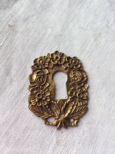 French Antique Brass Key Hole Cover Surround Gilded Gold Floral Swag Escutcheon