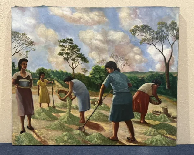 Incredible Vivid Latin American Farming Scene Oil Painting signed Ortiz