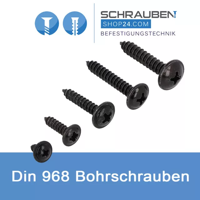 Blechschrauben Flachkopf Kreuzschlitz Bohrschrauben DIN968 Schwarz ⌀ 2,9- 4,8 mm