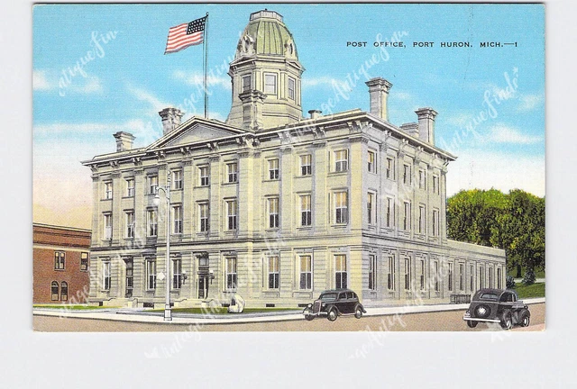 PPC Postcard MI Michigan Port Huron Post Office Exterior Street View Vintage Car