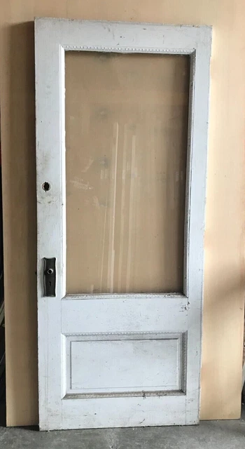 1 Antique Single Exterior 32x78 VTG Shabby White Chic Glass Door Old 1390-22B