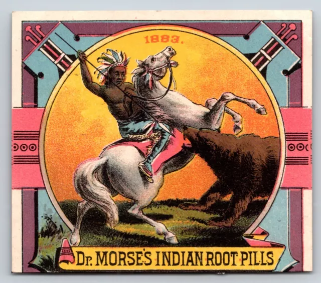 Dr. Morse's Indian Root Pills 1883 Victorian Trade Card - Cut in 1/2 Horse Bear