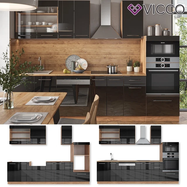 Vicco Cuisine R-Line 300cm Noir Haute brillance/Blanc