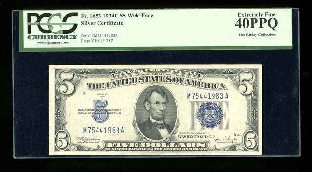 DBR $5 1934-C Silver  Fr. 1653W MA Block Wide Face PCGS 40 PPQ Serial M75441983A