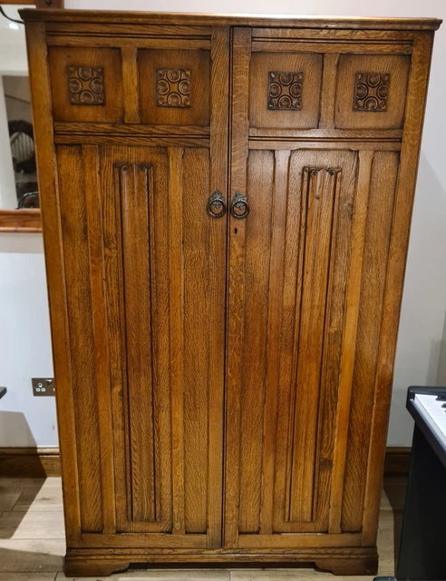 Beautiful Antique Solid Oak Wardrobe by Crown AY Furniture Linenfold Design