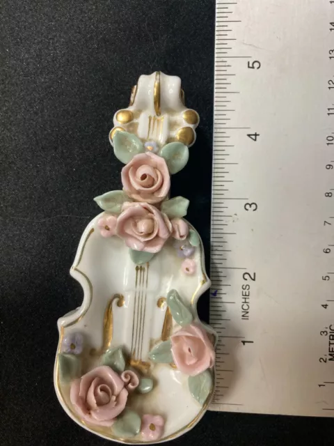 Hand Painted Porcelain Violin cello with Roses Figurine from Lefton China 4 1/2" 3