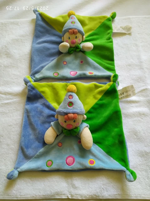 Lot de 2 doudous plats Clown bleu vert Idem Nicotoy