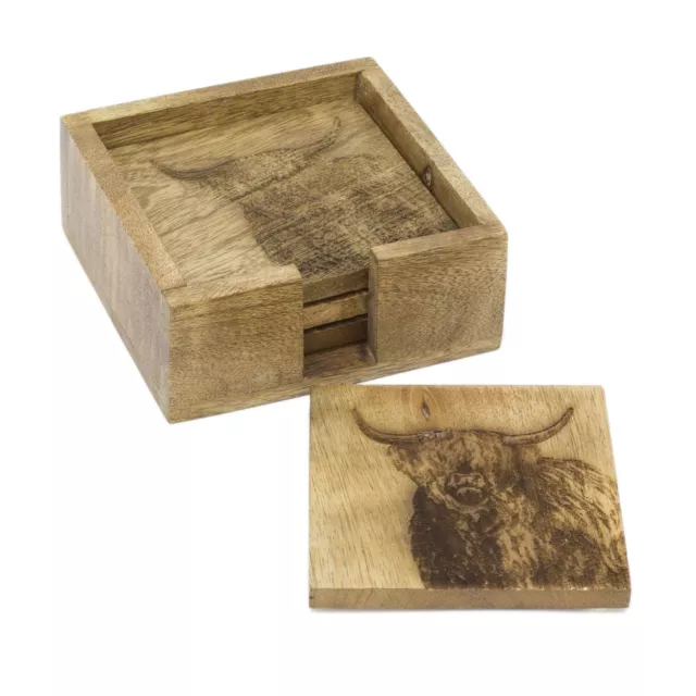 Rustic Set Of 4 Mango Wood Scottish Highland Cow Mug Coasters And Holder