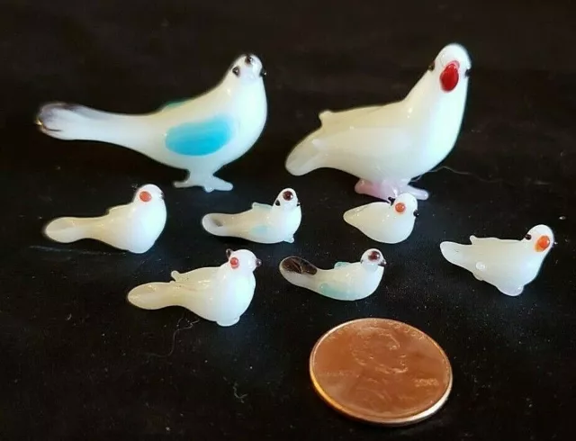 Lot Vintage Miniature Oiseau Famille de 8 Micro Mini Figurine Lot Blanc Bleu 3