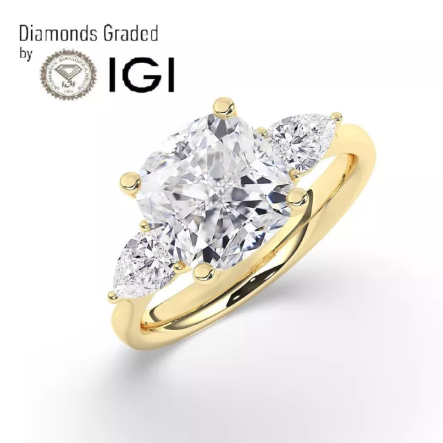 Cushion Solitaire 18K Yellow Gold Trilogy Ring,4ct,F/VS1,Lab-grown IGI Certified