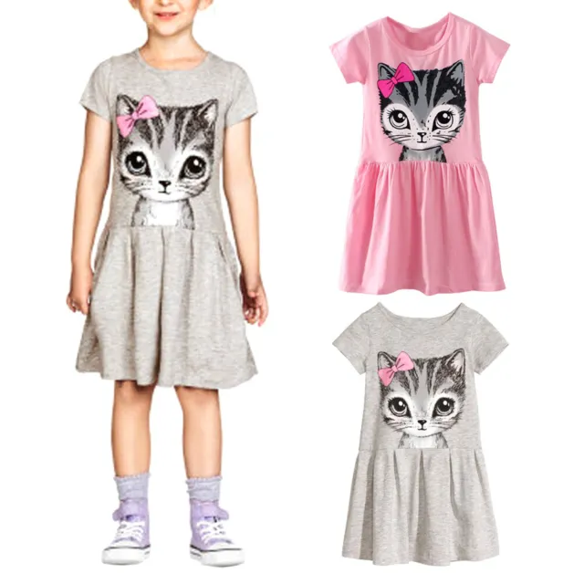 Pretty Girls Kids Cute Summer Dress Cotton Short Sleeve Cat Print Party KleiJY